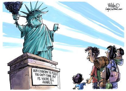 Political Cartoon U.S. Trump statue of liberty immigration
