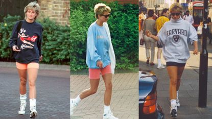 Three pictures of Princess Diana wearing bike shorts and a sweatshirt