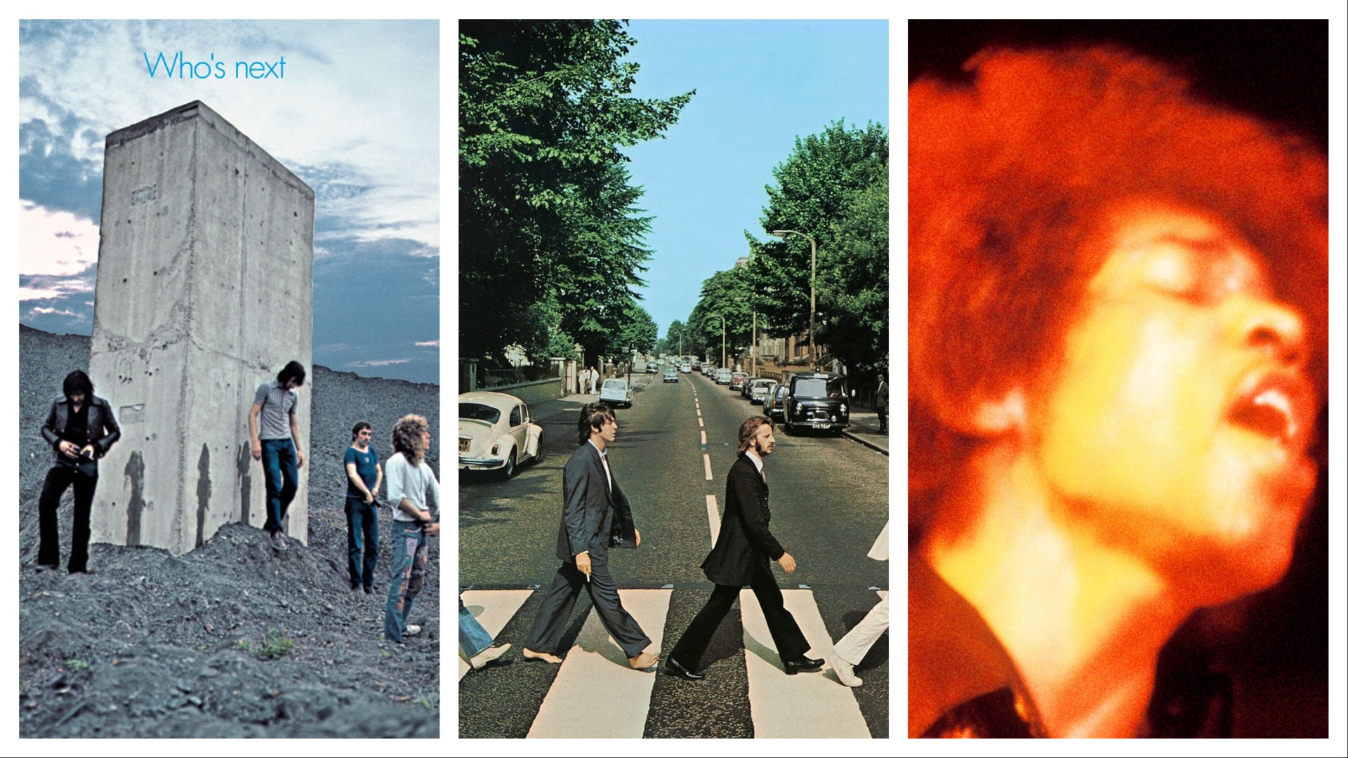 Three album covers sliced together, from left to right: The Who Who's Next / The Beatles Abbey Road / The Jimi Hendrix Experience Electric Ladyland 