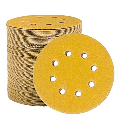 Stebruam 100pcs 125mm Sanding Discs, Sanding Discs Pads for Random Orbital Sander Pads and All Oscillating Tools, Yellow Sanding Discs 125mm Hook and Loop 120 Grit 8 Hole 5 Inch Round