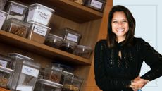 Headshot of professional organiser Dilly Carter in front of an organised kitchen cabinet with labelled storage containers