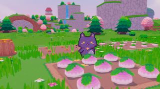 Snacko - A black pixellated cat in a pastel 3D world waters a patch of turnips