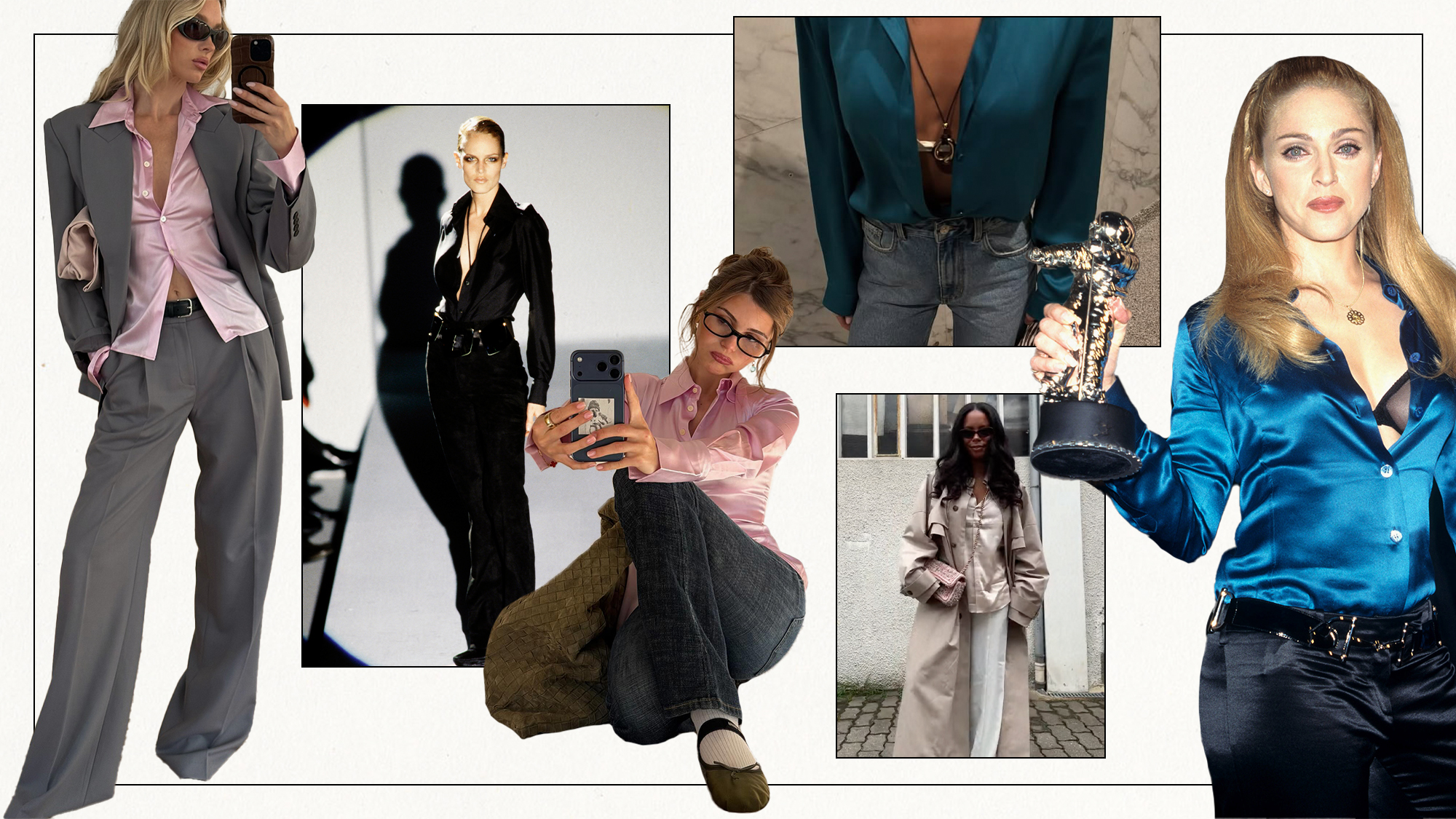 Collage of silk shirt outfit ideas.