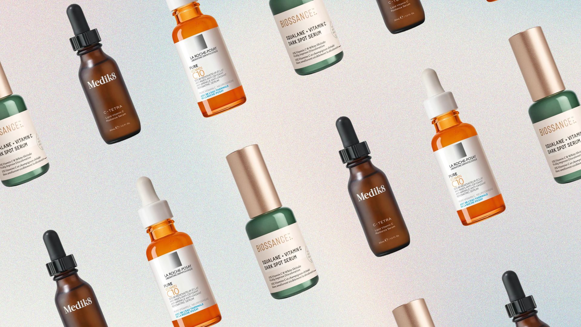a selection of vitamin c serums pictured on a gradiant colour backdrop - biossance squalene serum, medik-8 c tetra and la roche posay c10