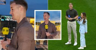  Joe Hart, former English football player, and Kelly Somers, English presenter and journalist, broadcast prior to the UEFA EURO 2024 group stage match between Serbia and England at Arena AufSchalke on June 16, 2024 in Gelsenkirchen, Germany