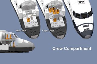 The crew cabin on Andrew Harkins’ Lego space shuttle model can be opened to seat seven microfigure astronauts.