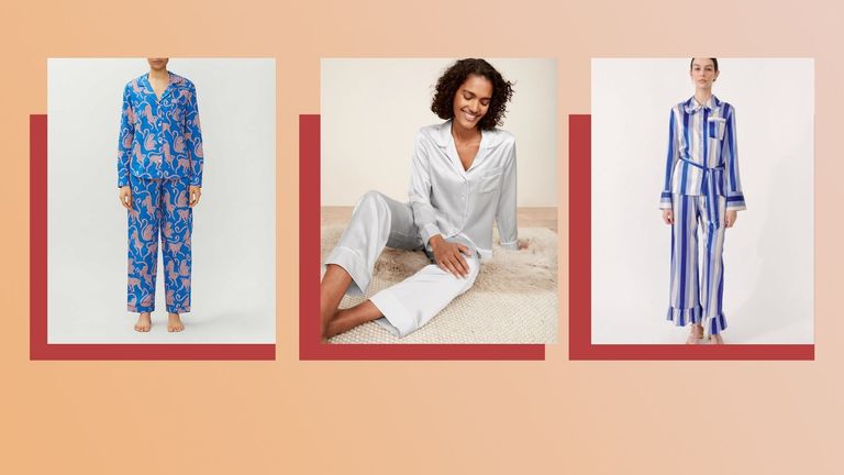 women's Christmas pyjamas: three of the best pairs on a red and beige background
