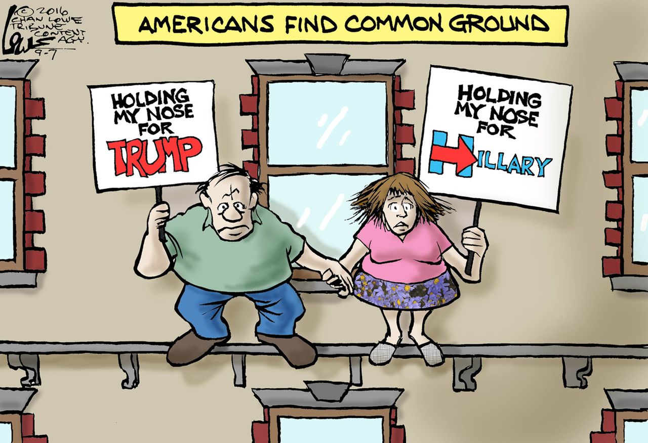 Political cartoon U.S. 2016 election Hillary Clinton Donald Trump