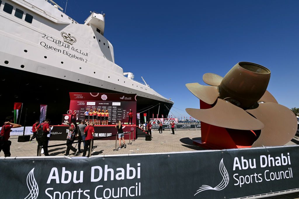 DUBAI UNITED ARAB EMIRATES FEBRUARY 09 A general view of Anniina Ahtosalo of Finland Hannah Barnes of United Kingdom Hannah Ludwig of Germany Amalie Lutro of Norway Anne Dorthe Ysland of Norway Maria Giulia Confalonieri Italy and UnoX Pro Cycling Team prior to the 1st UAE Tour Women 2023 Stage 1 a 109km stage from Port Rashid to Dubai Harbour UAETourWomen on February 09 2023 in Dubai United Arab Emirates Photo by Tim de WaeleGetty Images