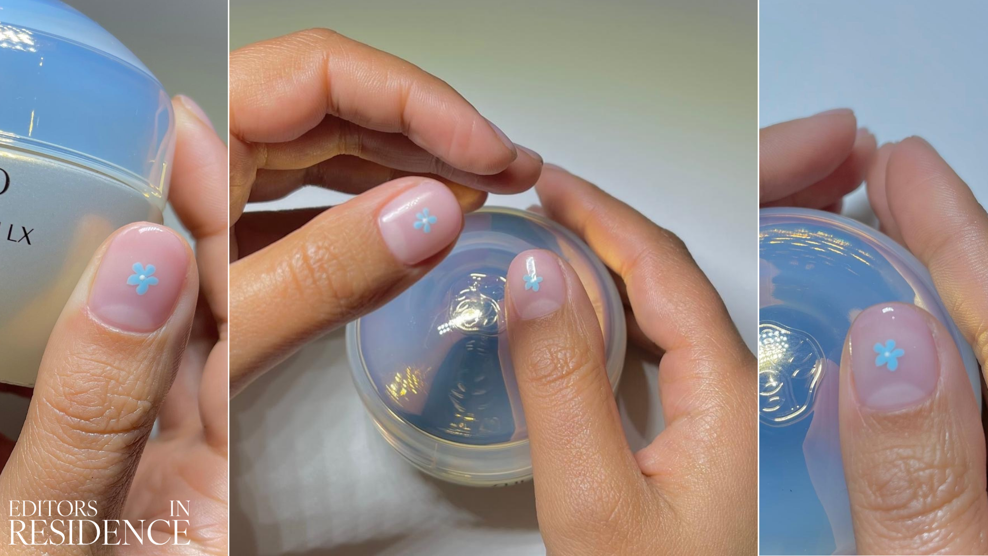 A series of photos featuring Harriet Westmoreland's milky manicure and blue flower nail art, which she designed exclusively for Who What Wear UK