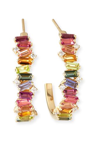 Suzanne Kalan 14k Yellow Gold Rainbow Half-Hoop Earrings W/ Diamonds