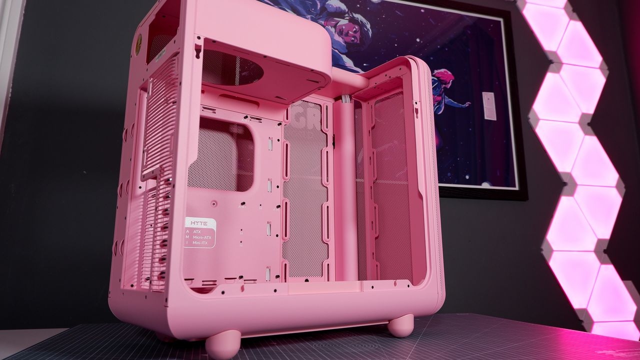 The Hyte X50 PC case on a desk ready to be built into for testing and review.