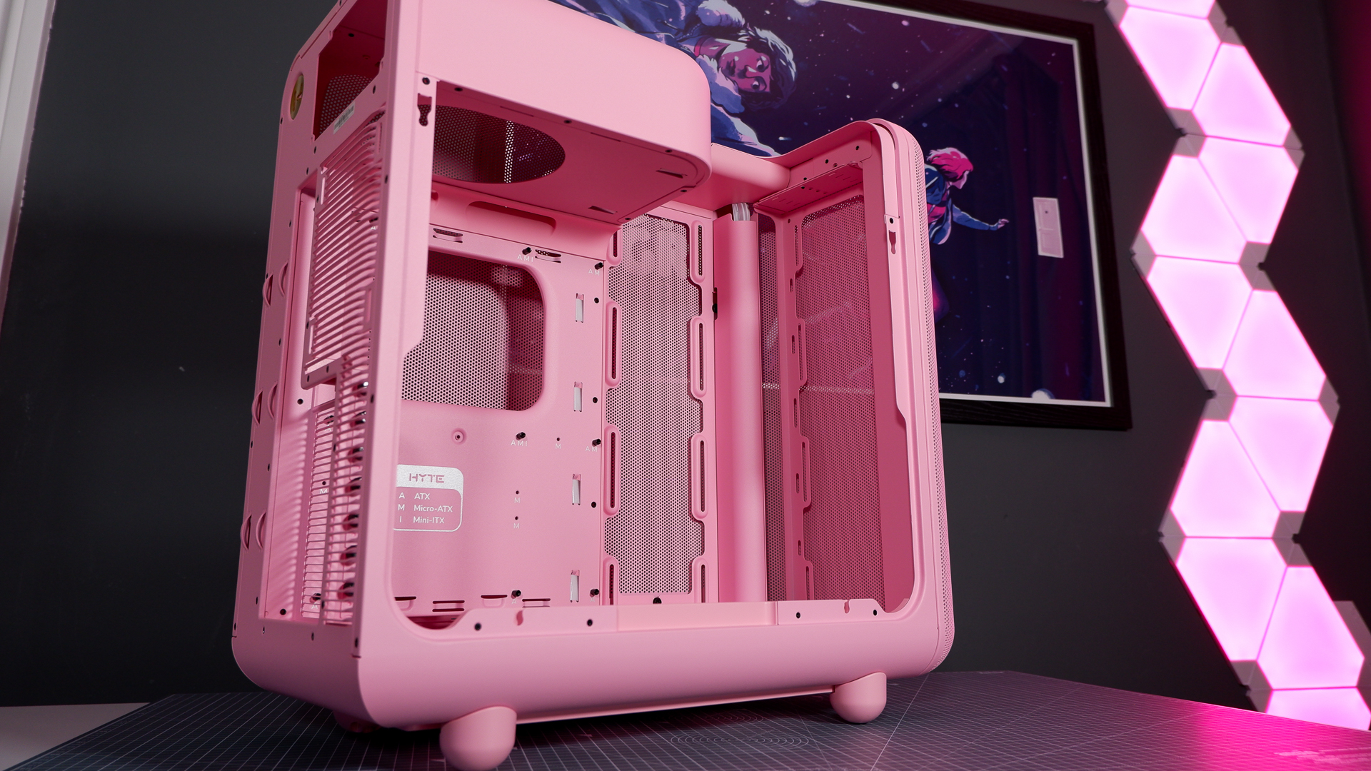 The Hyte X50 PC case on a desk ready to be built into for testing and review.