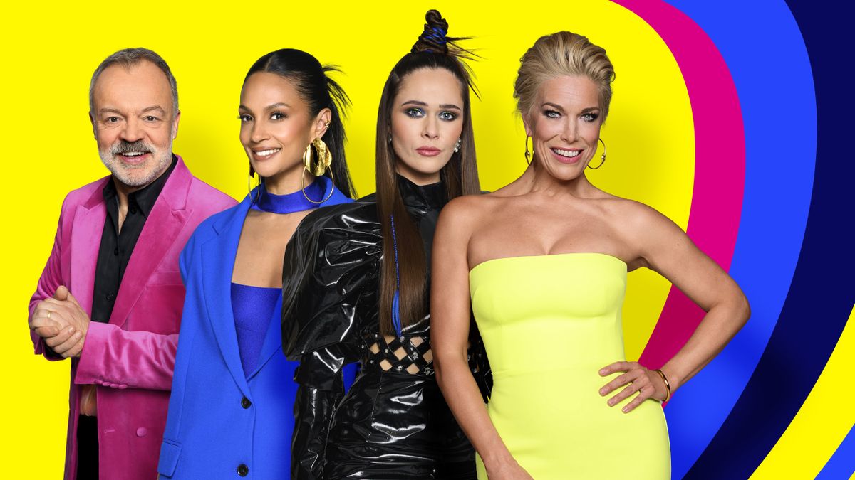 A composite shot of this year&#039;s Eurovision presenters: Graham Norton, Alesha Dixon, Julia Sanina and Hannah Waddingham, on a background of the Eurovision 2023 logo showing concentric hearts in various neon shades