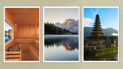 a sauna, a lake by a mountain, Bali temple with lake