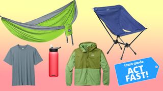 Items for sale during REI's summer sale including a green hammock, blue camping chair, grey t-shirt and a red water bottle