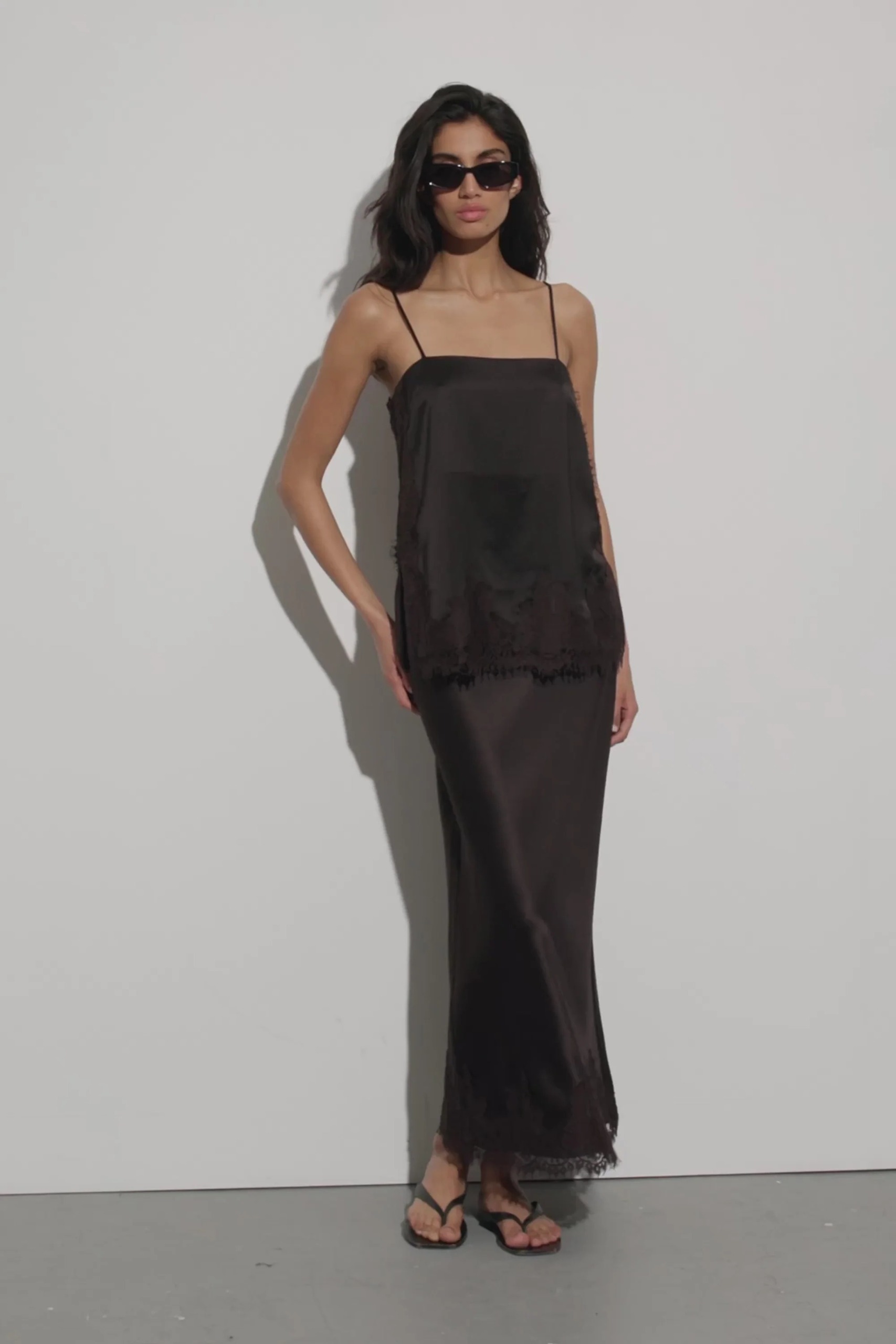 dissh, Selene Espresso Satin Midi Skirt