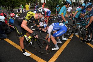 NICE FRANCE AUGUST 29 Sam Bewley of New Zealand and Team Mitchelton Scott Remi Cavagna of France and Team Deceuninck QuickStep Crash during the 107th Tour de France 2020 Stage 1 a 156km stage from Nice Moyen Pays to Nice TDF2020 LeTour on August 29 2020 in Nice France Photo by Tim de WaeleGetty Images