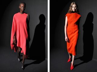 Left sees an oversized red wool coat with a layered camel dress. Right, a geometric sleeveless dress
