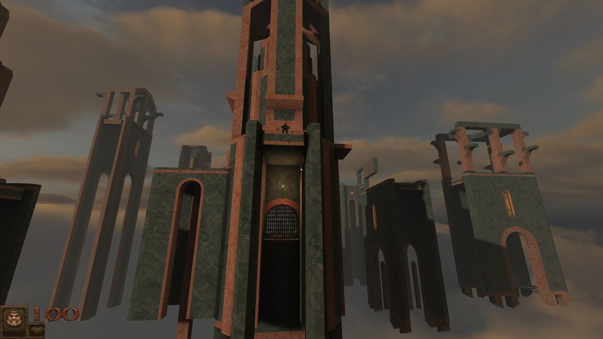 pink and green marble ruins rising before you in Quake