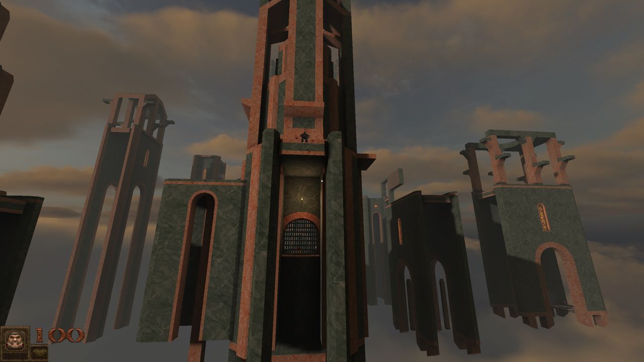 pink and green marble ruins rising before you in Quake