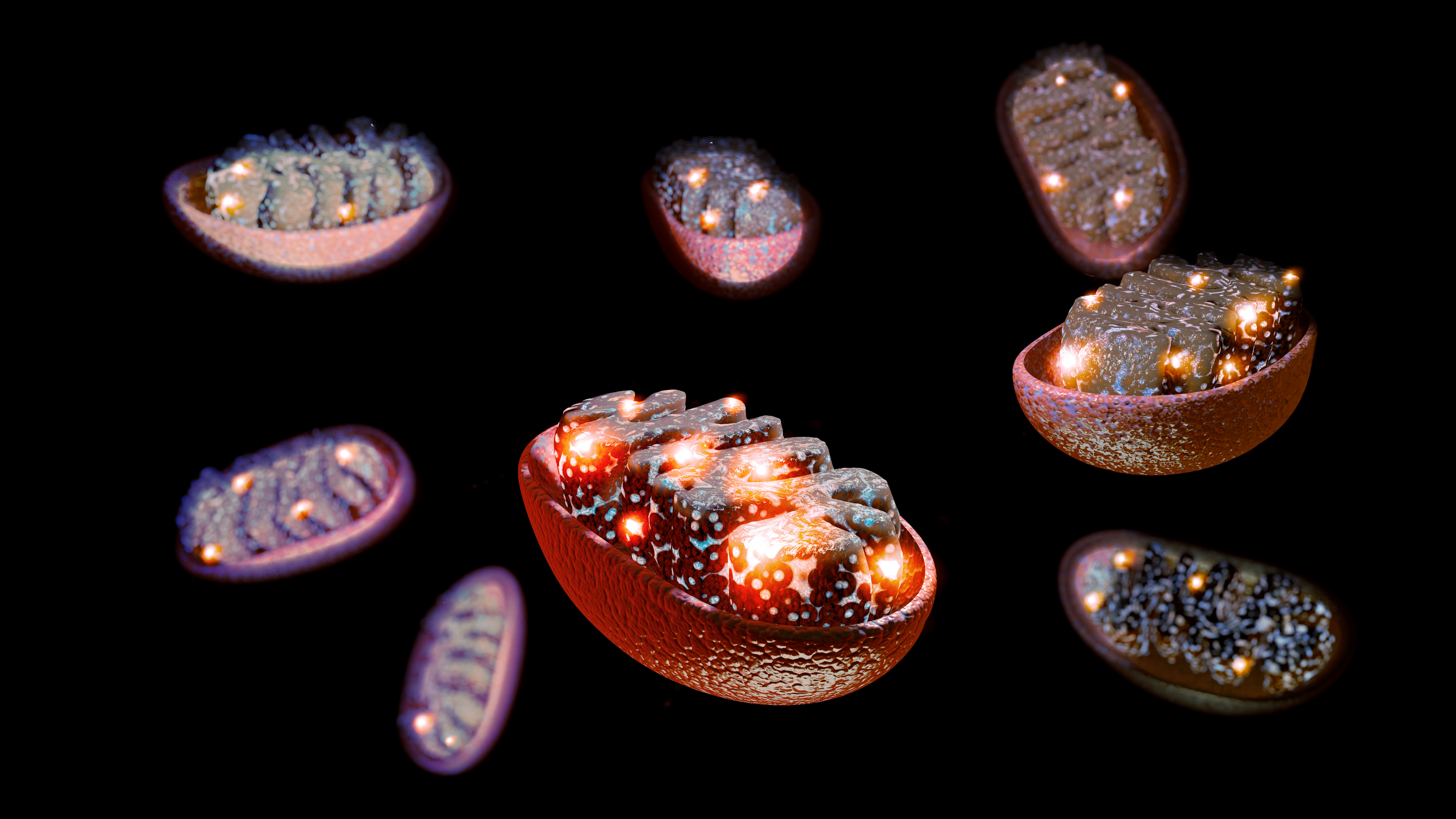 illustration of eight mitochondria with glowing spots in their internal structures, representing energy
