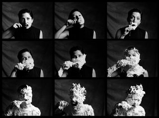 A sequence of pictures of a boy brushing his teeth and gradually becoming covered in toothpaste