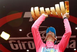 Vincenzo Nibali (Astana) holds up the Giro d'Italia trophy