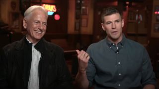 Mark Harmon smiling next to Austin Stowell on CBS Morning News