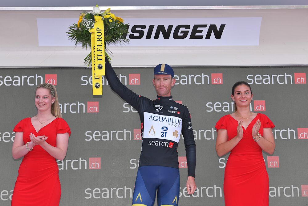 Calvin Watson of Australia and Aqua Blue Sport in the black points jersey after stage 3 at Tour de Suisse