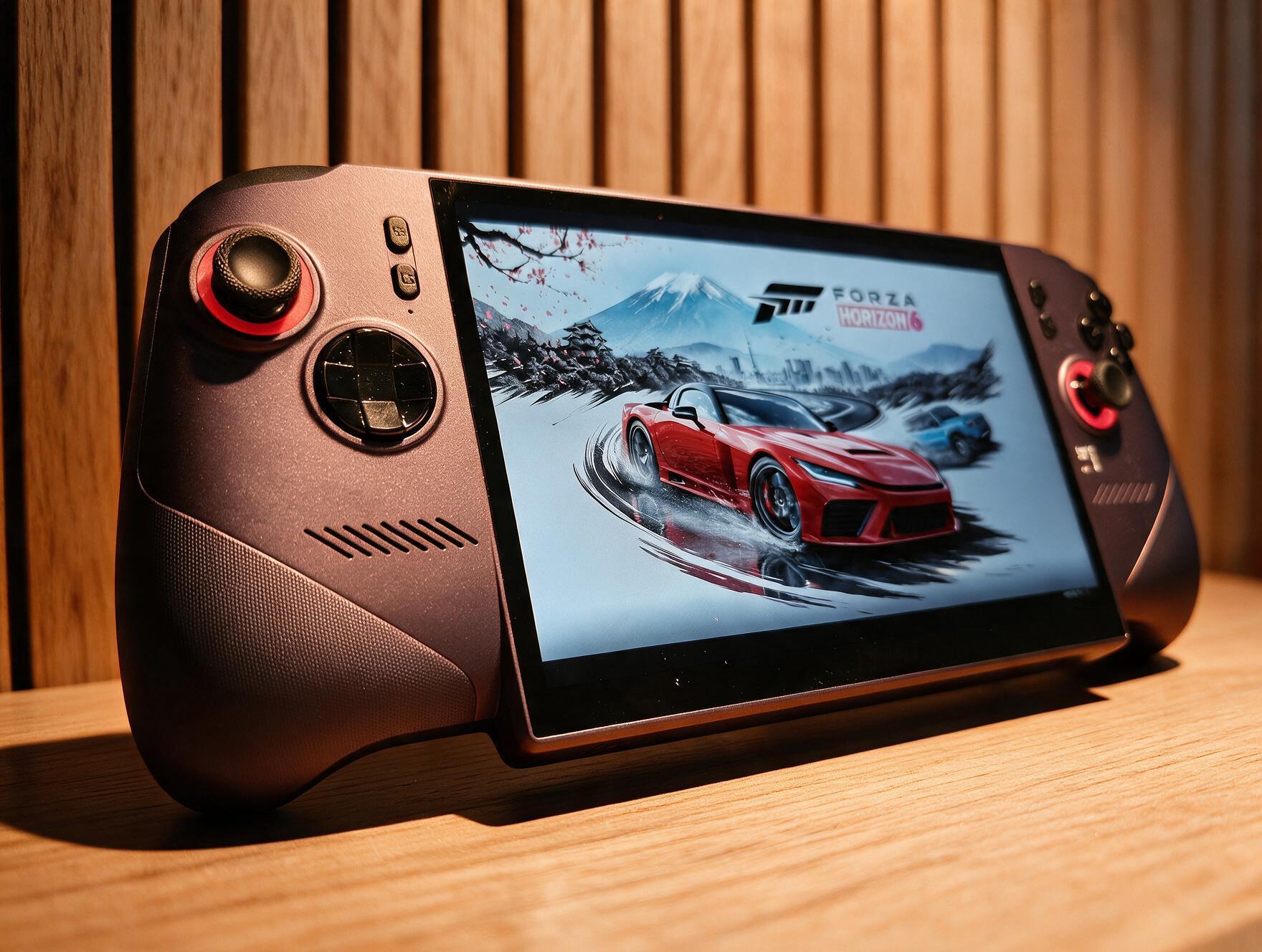 MSI Claw 8 EX AI+ &amp;ndash; a purple gaming handheld with a large screen shows a handheld console displaying a red racing car