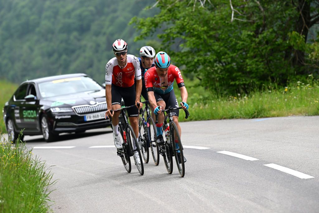 COL DE LA CROIX DE FER FRANCE JUNE 10 LR Anthony Perez of France and Team Cofidis and Victor Campenaerts of Belgium and Team Lotto Dstny compete in the breakaway during the 75th Criterium du Dauphine 2023 Stage 7 a 1479km stage from PortedeSavoie to Col de la Croix de Fer 2067m UCIWT on June 10 2023 in Col de la Croix de Fer France Photo by Dario BelingheriGetty Images