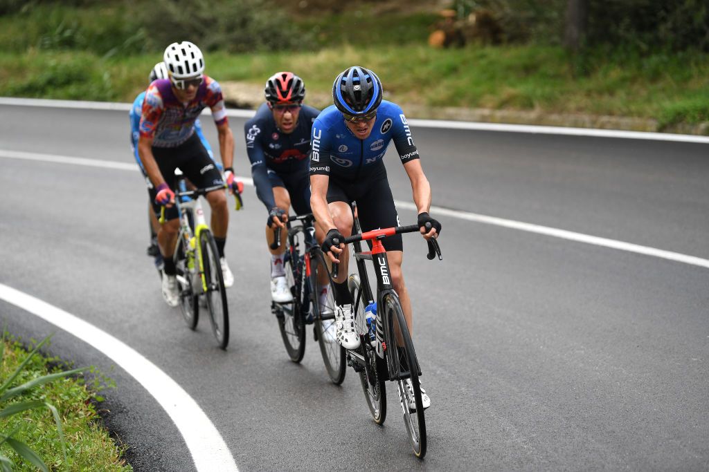 ROCCARASO ITALY OCTOBER 11 Ben Oconnor of Australia and NTT Pro Cycling Team Jonathan Castroviejo of Spain and Team INEOS Grenadiers Ruben Guerreiro of Portugal and Team EF Pro Cycling Breakaway during the 103rd Giro dItalia 2020 Stage 9 a 207km stage from San Salvo to Roccaraso Aremogna 1658m girodiitalia Giro on October 11 2020 in Roccaraso Italy Photo by Tim de WaeleGetty Images