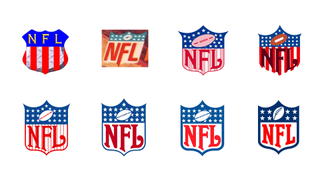 NFL logo versions throughout history. Logo generally features a blue, red and white shield with red writing and white stars.