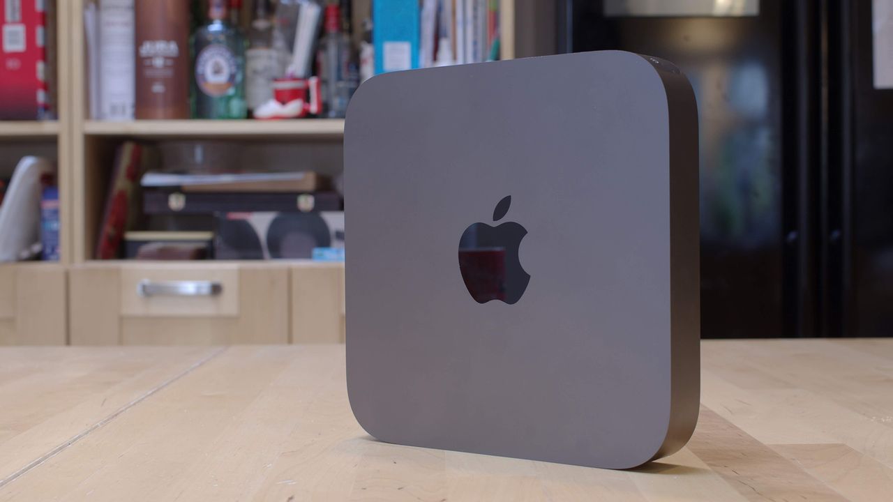 The Apple Mac Mini (2018) stood up at an angle
