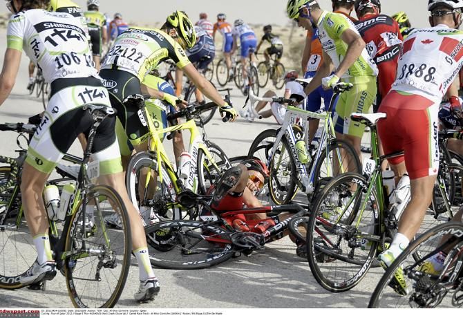 Thor Hushovd (BMC) hits the deck in the 2012 Tour of Qatar