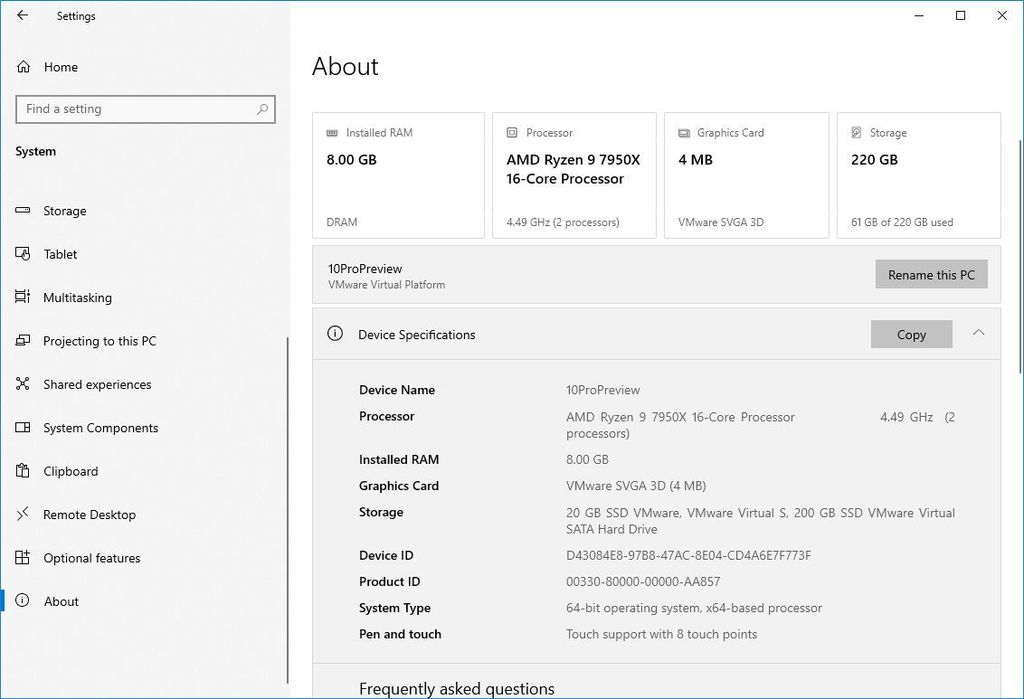 Windows 10 About page with tech specs