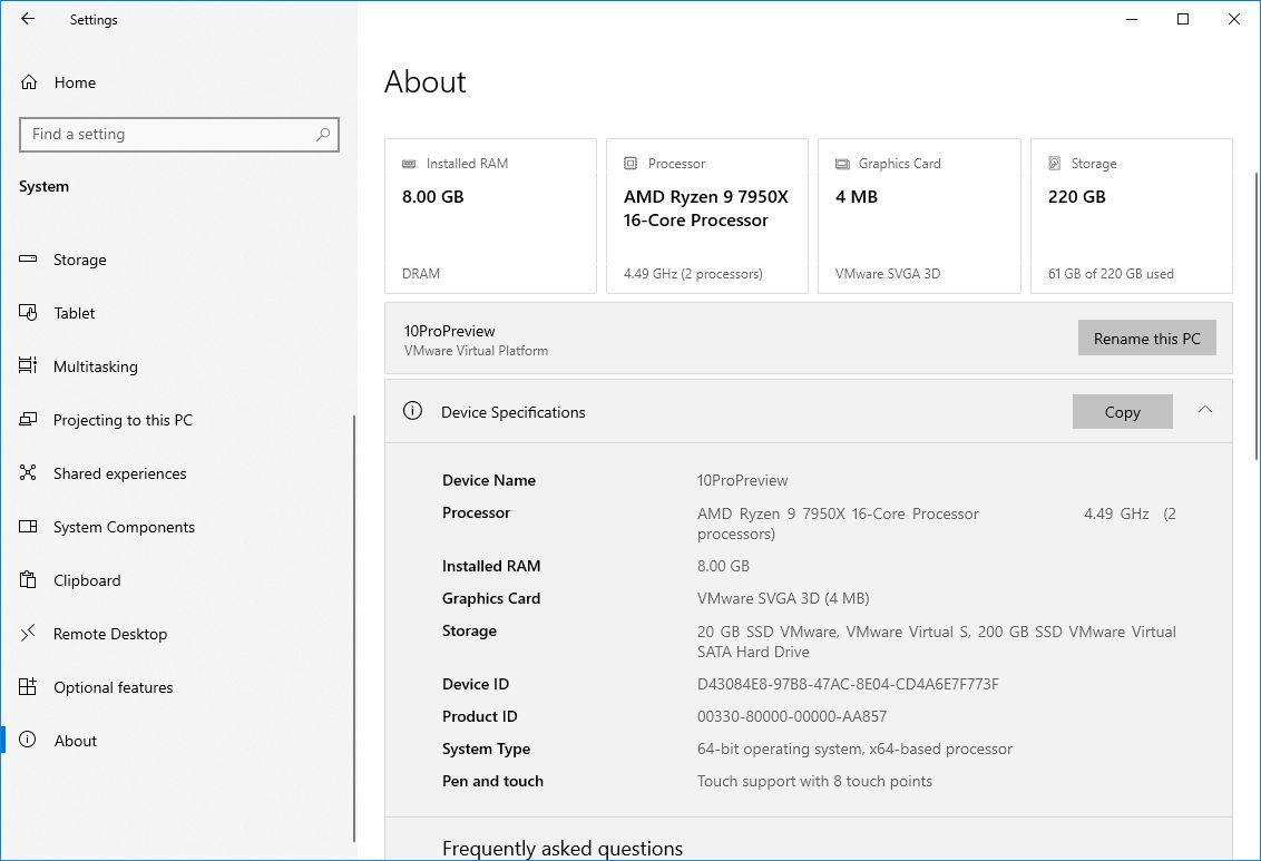 Windows 10 About page with tech specs