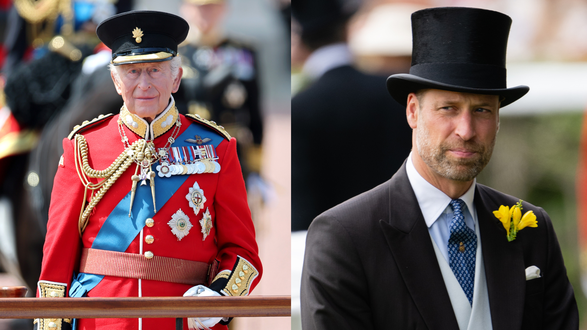 A split shot of King Charles in a red uniform and Prince William in a top hat and suit
