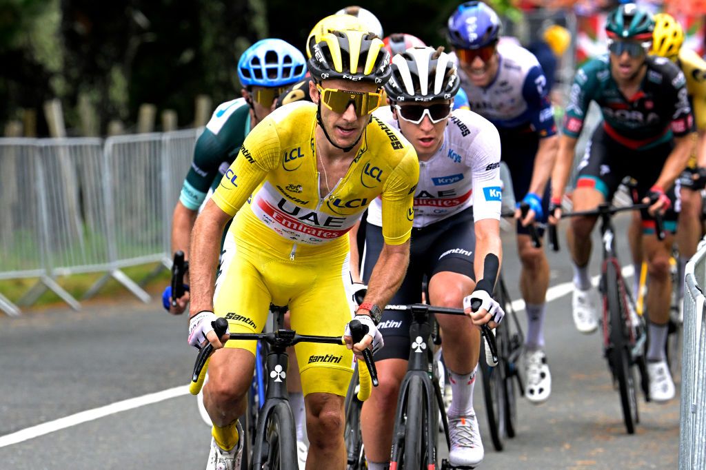 SAN SBASTIN SPAIN JULY 02 Adam Yates of United Kingdom and UAE Team Emirates Yellow Leader Jersey competes during the stage two of the 110th Tour de France 2023 a 2089km stage from VitoriaGasteiz to San Sbastin UCIWT on July 02 2023 in San Sbastin Spain Photo by Bernard Papon PoolGetty Images