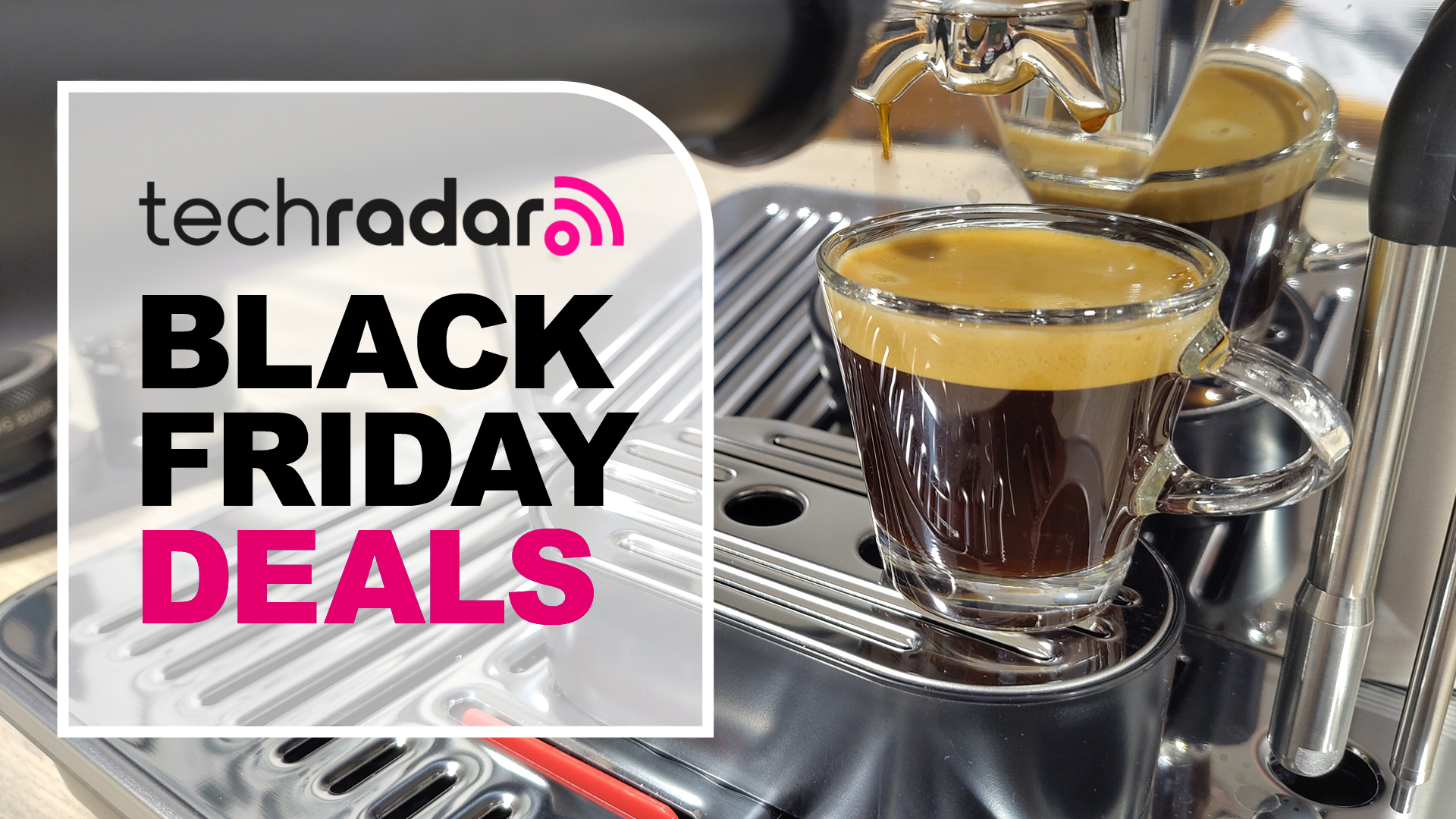 Cup of espresso on drip tray with text reading &#039;TechRadar Black Friday Deals&#039;
