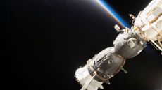 Russia's Soyuz MS-09 crew spacecraft is is shown docked to the International Space Station (ISS). The MS-09 carried NASA astronaut Serena M. Au&ntilde;&oacute;n-Chancellor, the European Space Agency's Alexander Gerst and cosmonaut Sergey Prokopyev to the ISS in June 2018.