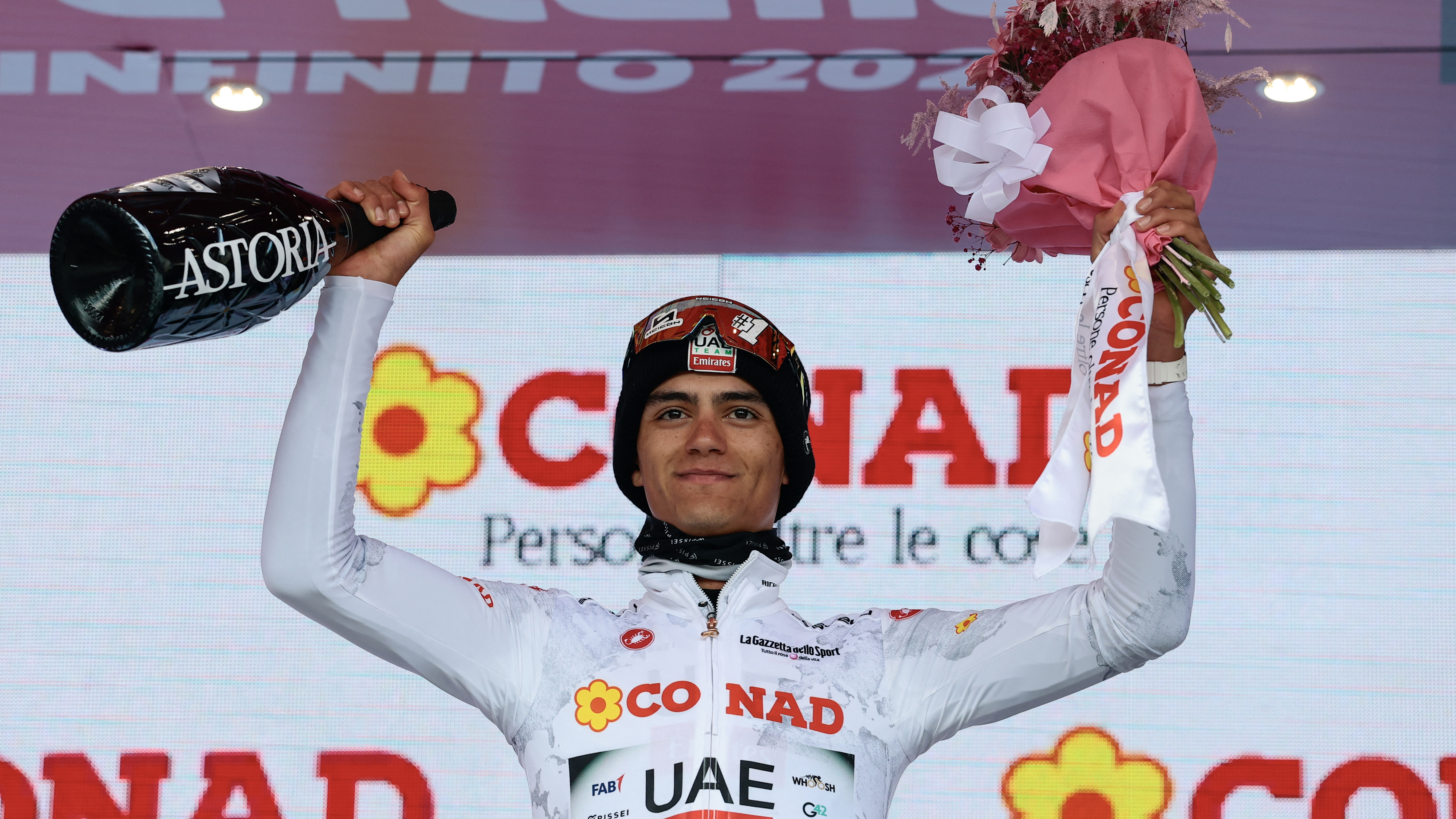 Isaac Del Toro (UAE) wearing the best young rider's white jersey (Maglia Bianca) during the 2025 Giro d'Italia