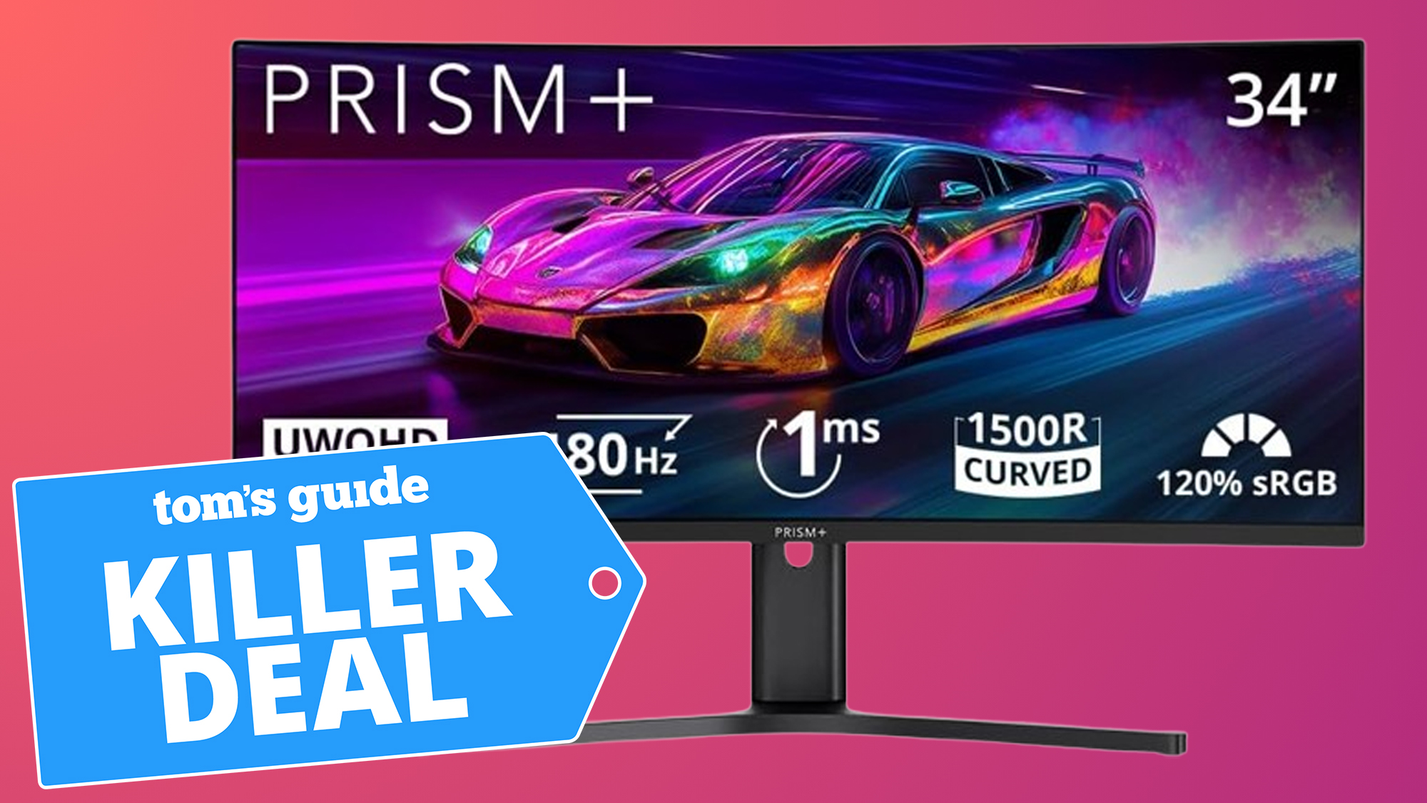 An ultrawide monitor on a pink background