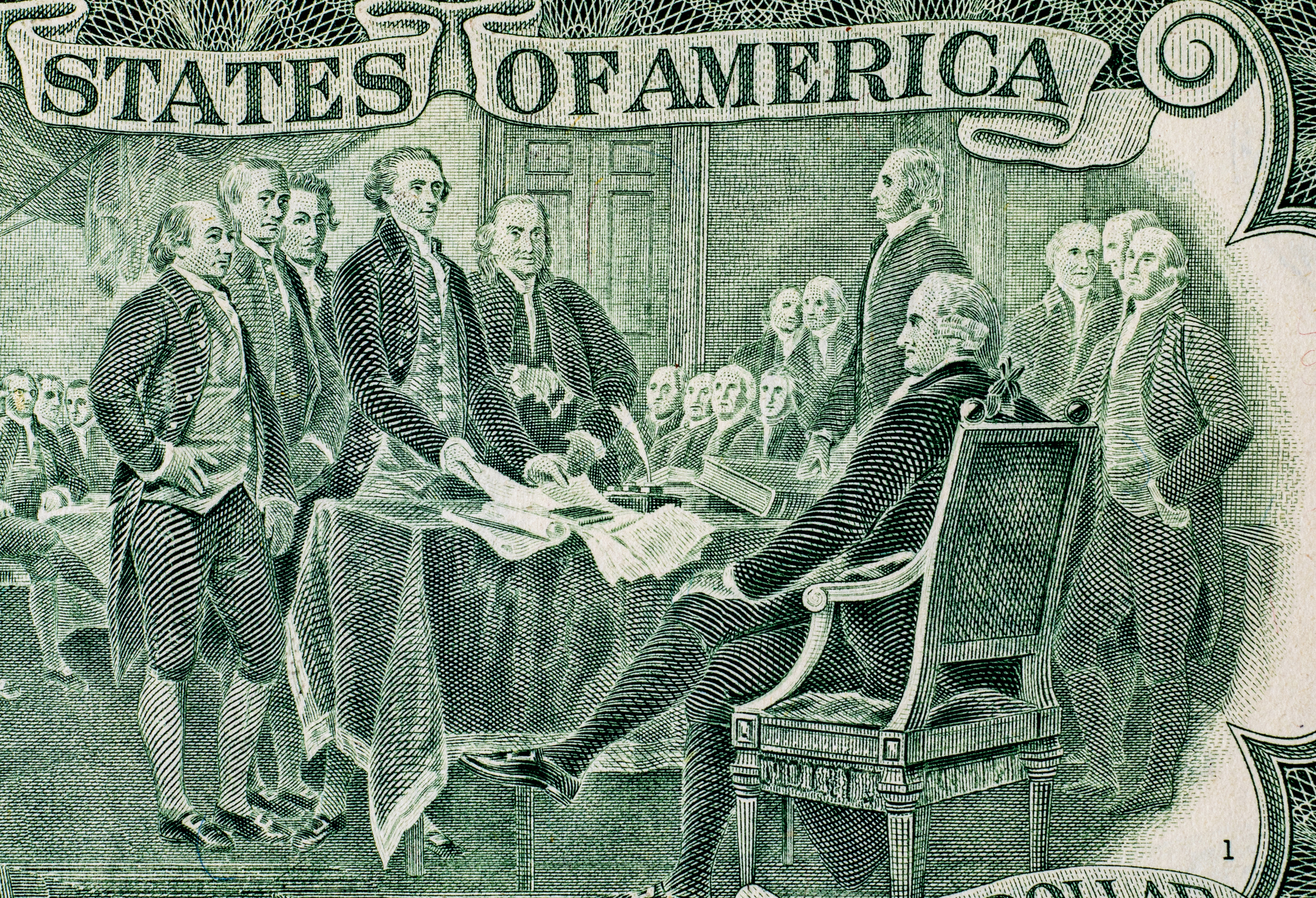 Banknote 2 dollars of the United States. Paper money of the USA. Fragment of the dollar