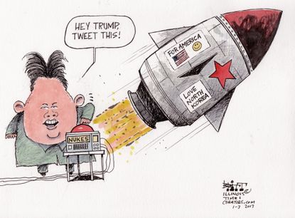 Political cartoon U.S. Donald Trump Kim Jong Un nukes