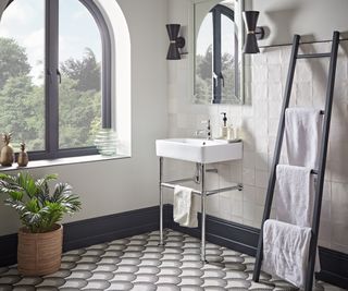 black and white bathroom with patterned floor tiles