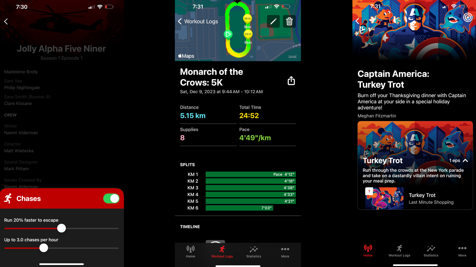 Screenshots of the ZRX app: (Left) A Zombies, Run! pre-mission screen, showing the option to adjust how often Chases begin and how difficult they are; (Middle) A post-run screenshot showing the author's 5K time breakdown; (Right) A screenshot showing a Captain America Turkey Trot race activity