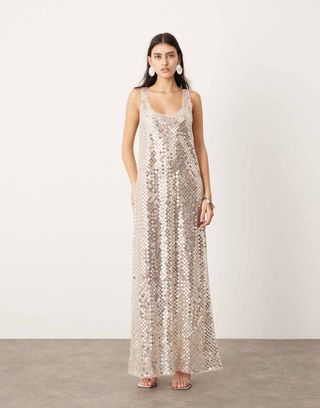 Asos Edition Sheer Disc Sequin Maxi Raw Edge Vest Dress in Silver