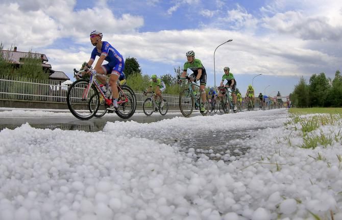 There was a brief hailstorm during the 13th stage of the Giro